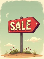 "Retro Cartoon 'SALE' Sign: 1930s Color Palette & Playful Typography with Film Grain Texture"