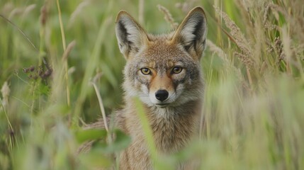 A coyote looking directly at the viewer while hidden in tall grass