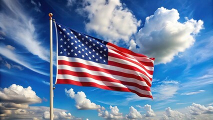 Obraz premium American flag gently waving in the wind against a clear blue sky with fluffy white clouds , freedom