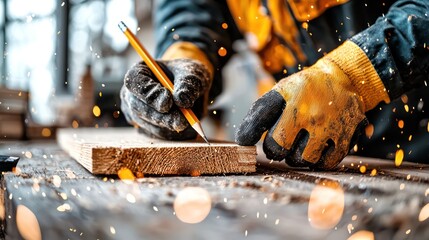 A carpenter wearing gloves marks a wooden plank with a pencil