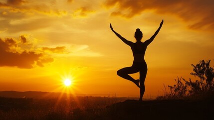 Fototapeta premium Silhouette of a Yogi Balancing in Tree Pose at Sunset