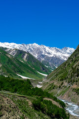 Fototapeta premium A stunning view of snow-covered peaks, green slopes, and alpine terrain in Dayitar Valley, Nagar, Gilgit, Pakistan. Captured on June 20, 2023, showcasing the beauty of northern Pakistan.
