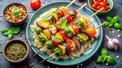 Colorful Vegetable Skewers with Quinoa and Chimichurri Sauce, grilling