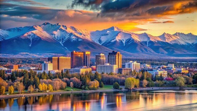 Panoramic view of downtown Anchorage at sunset with the surrounding mountains and lake, city life, anchorage