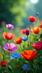 Colorful mix of cornflowers and poppies in a garden, poppy, garden