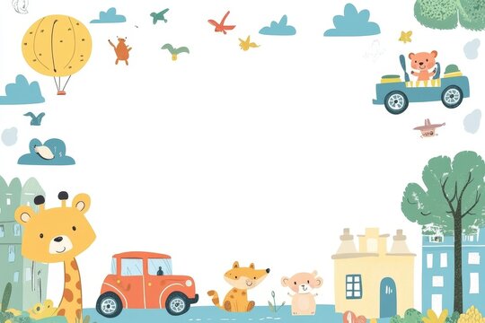 Diploma template with cute kids transport and animals for kids, certificate background with hand drawn fox, bear, giraffe, elephant, lion for school, kindergarten.  illustration. Place for