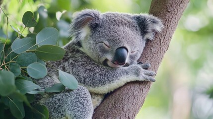 A sleepy koala animal resting peacefully on a tree branch