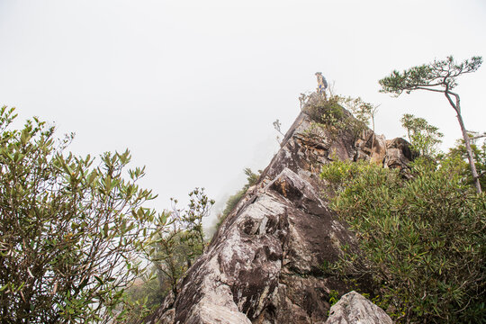 Lone Hiker Conquers Dramatic Mountain Peak in Misty Wilderness