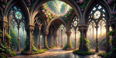 Fototapeta premium intricate gothic arches with entwined vines and flowers, intricate patterns, mysterious, intricate patterns