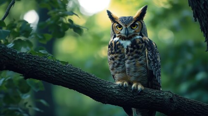 Obraz premium An owl perched on a tree branch looking directly at the viewer