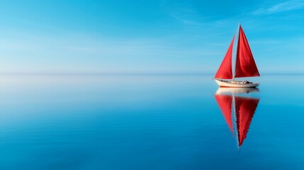 Sailing on Calm Water Reflecting Red Sails on a Sunny Day