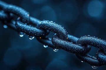Wet Metal Chain: Close-up of a chain with water droplets reflecting strength and resilience in detail