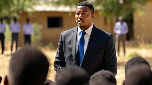 Leadership in Action: A distinguished man in a suit, delivering a motivational speech to a crowd of attentive listeners. This image embodies authority, inspiration, and the power of communication.