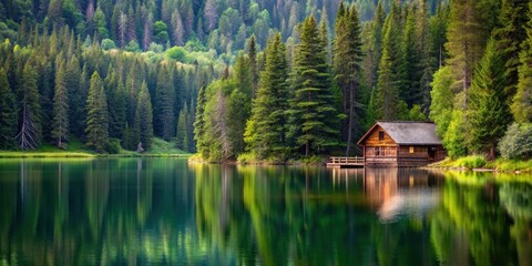 Obraz premium Serene lake surrounded by dense evergreen forest with a charming wooden cottage in the distance , forest, trees, forest