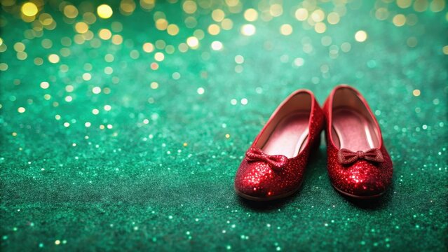 Tiny Ruby Slippers on Emerald Green Background with Sparkling Glitter and Delicate Details , sparkles, shine,  sparkles