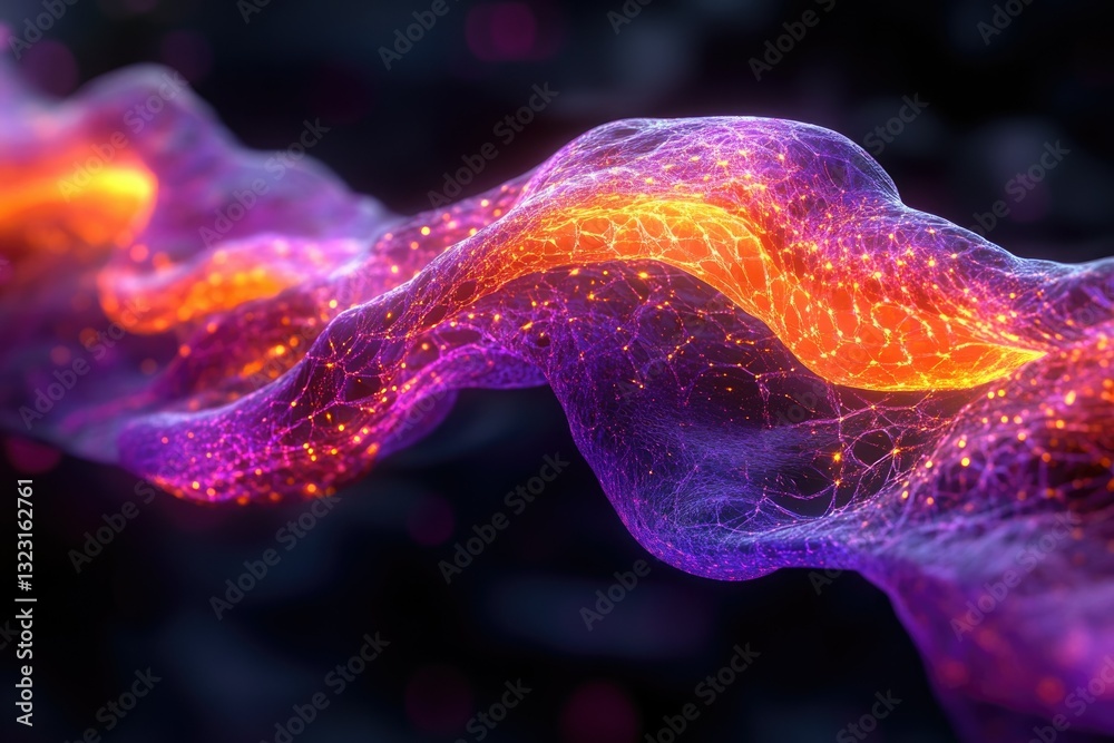 Poster abstract digital art depicting a flowing, luminous network of interconnected nodes in vibrant purple