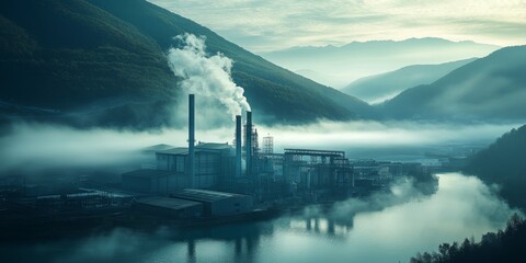 Fototapeta premium Industrial plant releasing smoke and steam into misty valley