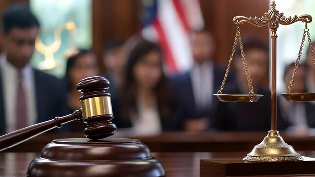 Justice in Session: A courtroom scene with a gavel, scales of justice, and the blurred presence of individuals, embodying legal process, fairness, and decision-making.