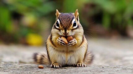 A tiny adorable chipmunk is holding nuts in its tiny paws