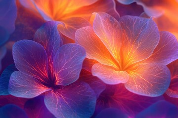 Obraz premium Vibrant, glowing hydrangea petals in shades of purple, orange, and pink, showcasing intricate vein details.