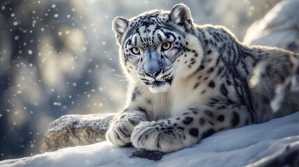 Obraz premium A beautiful snow leopard resting calmly in a snowy environment