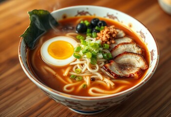 A steaming hot bowl of Ramen with a rich and savory broth, perfectly cooked noodles, and a variety of colorful toppings.