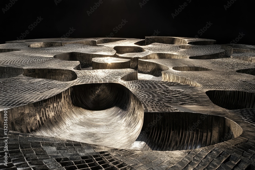 Poster Abstract metallic landscape with undulating, cavernous forms and textured surface, illuminated by sunlight.