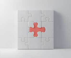 White puzzle with one red piece, white background.