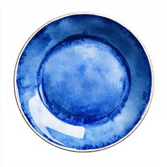 Watercolor Blue Plate with Darker Rim on White Background