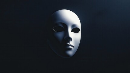 Elegant White Mask with Mysterious Expression Against Dark Background, Concept of Identity and Emotion in Art
