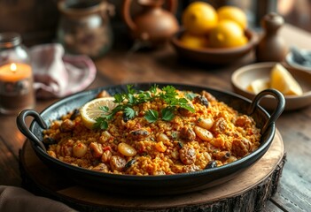 Fototapeta premium A steaming hot Paella dish with fresh parsley and lemon wedges