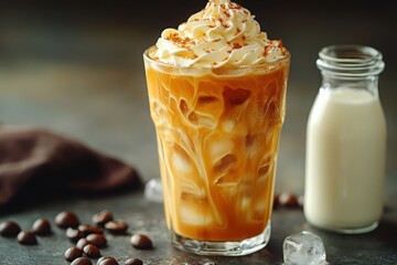 Iced coffee with whipped cream on top in a clear glass A glass bottle of milk is to the right