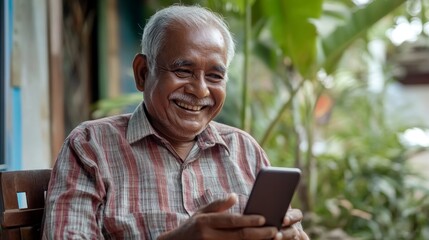 Obraz premium Happy Senior Citizen Engaging with Digital Banking on Smartphone