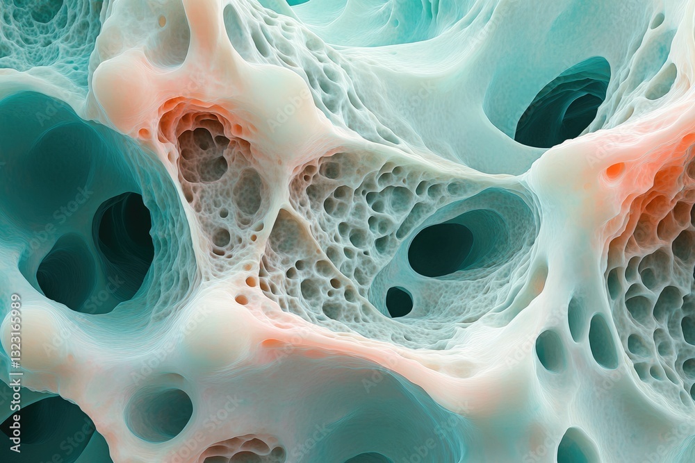 Poster microscopic view of porous bone structure, revealing intricate network of cavities and trabeculae.