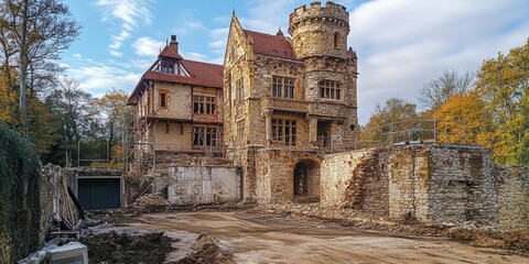 Renovation progress of a historic castle structure in autumn architectural photography outdoor setting captured from ground level