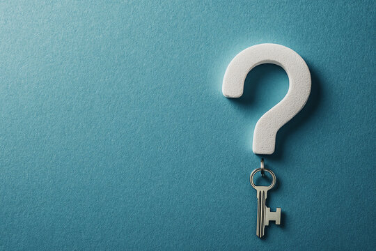 White question mark with key on blue background symbolizing answers and solutions. Conceptual image for problem-solving.