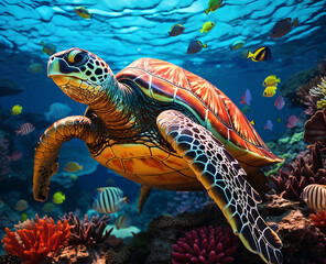 Fototapeta premium A Bale of Turtles Underwater in a Mosaic Style