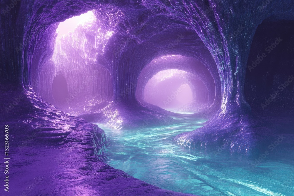 Poster an ethereal purple cave system with a glowing teal river flowing through its depths, creating a magi