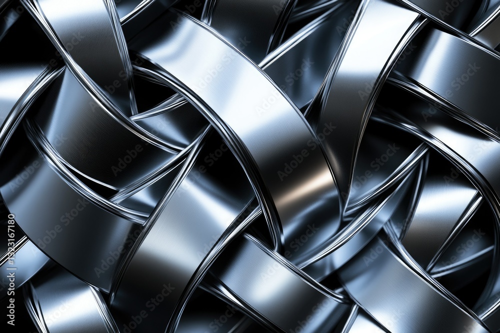 Poster Abstract image of interwoven metallic bands, creating a complex, reflective, and textured pattern.
