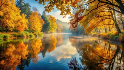 Obraz premium Vibrant autumn trees with golden leaves reflecting in the calm waters of a serene river surrounded by lush greenery and misty atmosphere, river, landscape