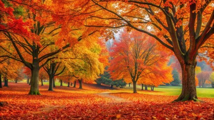 Autumn leaves in park landscape with vibrant orange and red foliage on trees surrounded by golden brown foliage and green grass underneath , colors, autumn