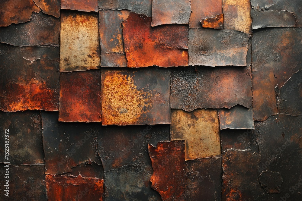 Fototapete abstract artwork featuring a mosaic of rusted metallic squares and rectangles in varying shades of b