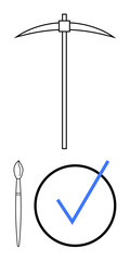 Pickaxe and paintbrush emphasizing labor and creativity. Blue checkmark inside a circle signifying approval, success, or completion. Ideal for themes of work, creativity, balance, success
