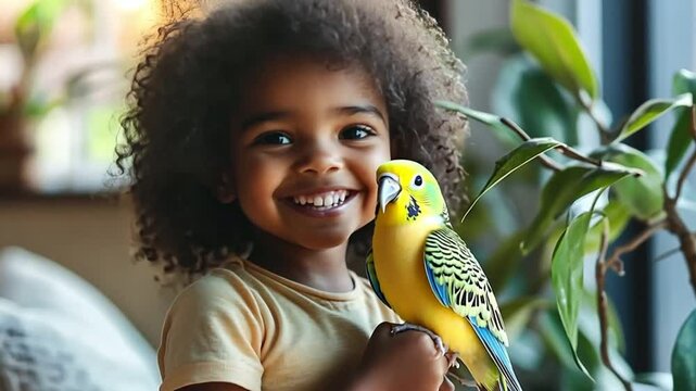 smiling black child girl holding her pet parrot in home interior