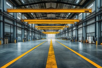 Vast empty industrial warehouse with yellow overhead cranes. Perfect for concepts of manufacturing, logistics, or industry.