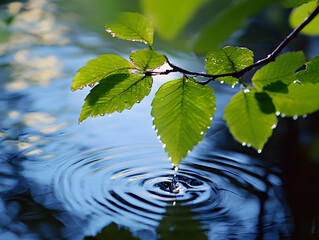 Serene Close - up of Dew - covered Green Leaves with a Water Droplet Creating Ripples on a Calm Water Surface, Ideal for Nature - themed Social Media Posts or Relaxing PPT Backgrounds 