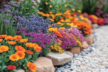 A colorful garden bed filled with various flowers and stones