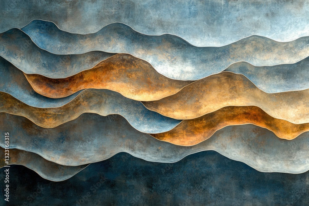 Poster abstract layered landscape artwork depicting undulating hills in muted blues and golds.