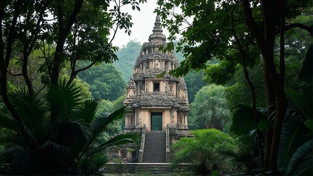 Generative A.I. envisions an ancient jungle temple, hidden in lush greenery, its weathered stone echoing forgotten civilizations, shrouded in mystery and history