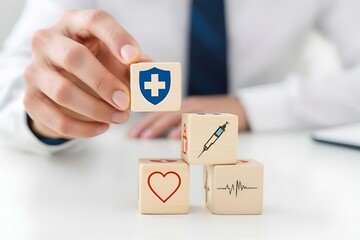 Health Insurance Concept: Man Holding Block with Shield & Cross, Medical Icons on Wooden Cubes, Healthcare Protection & Wellness